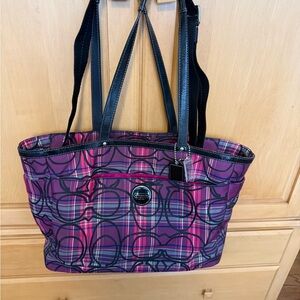 Coach Poppy Plaid Signature Tote / baby bag, with Black Straps